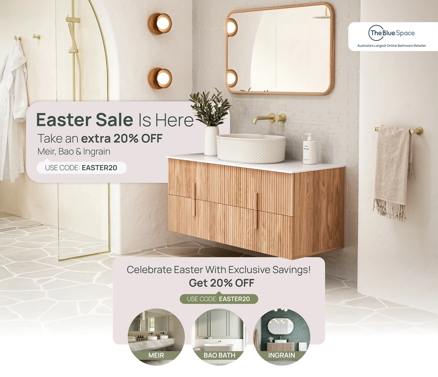 Easter sale advertisement featuring a bathroom with discounts on products.