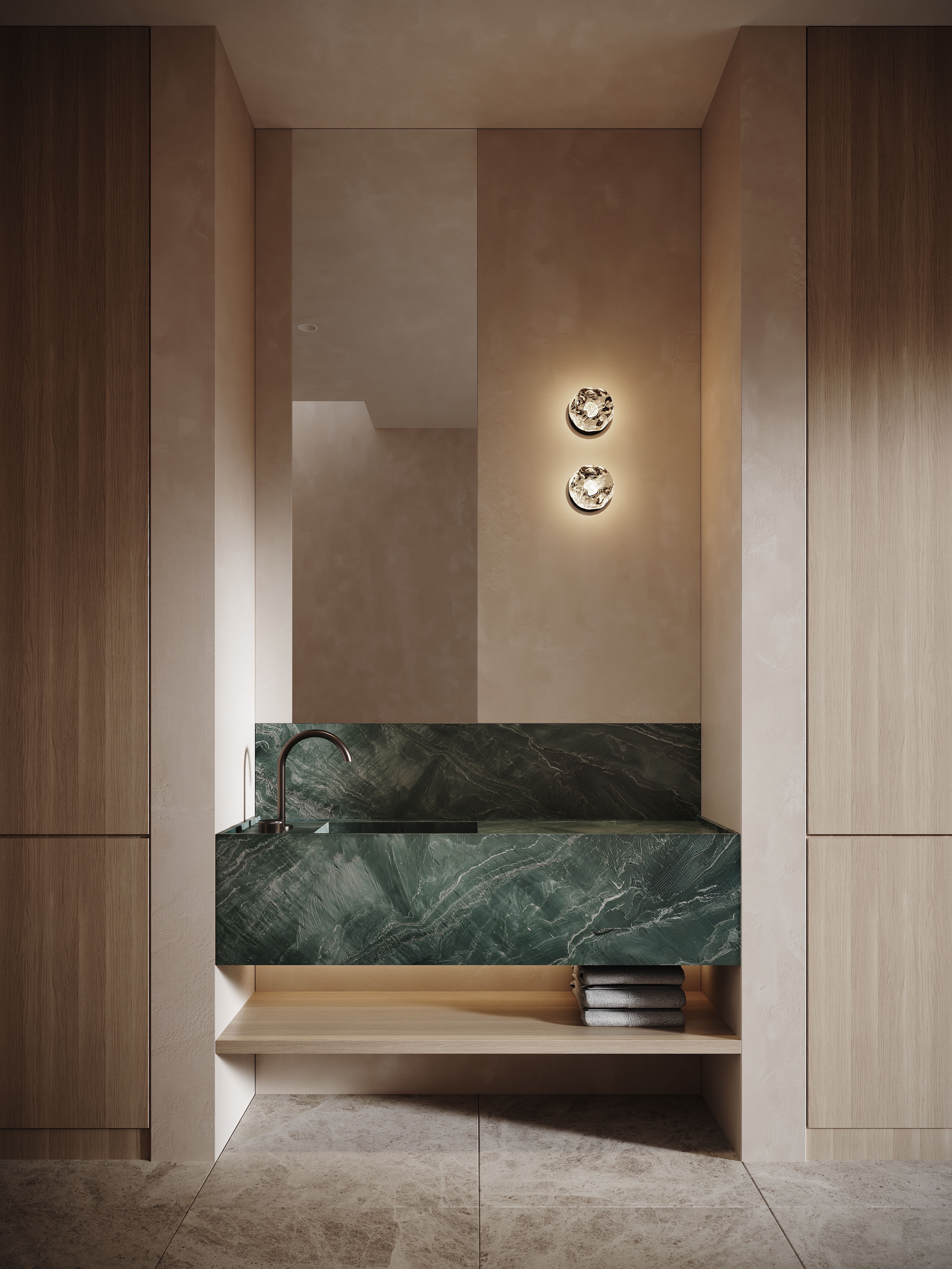 Coral Round Flo wall lights above a modern bathroom vanity