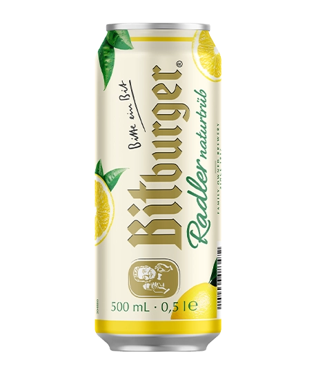 Bitburger Radler can, 500 mL, lemon flavored beverage.