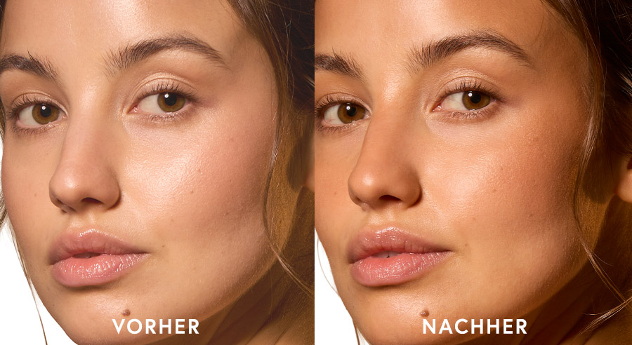 Before and after images of a woman's face, showcasing makeup effects.
