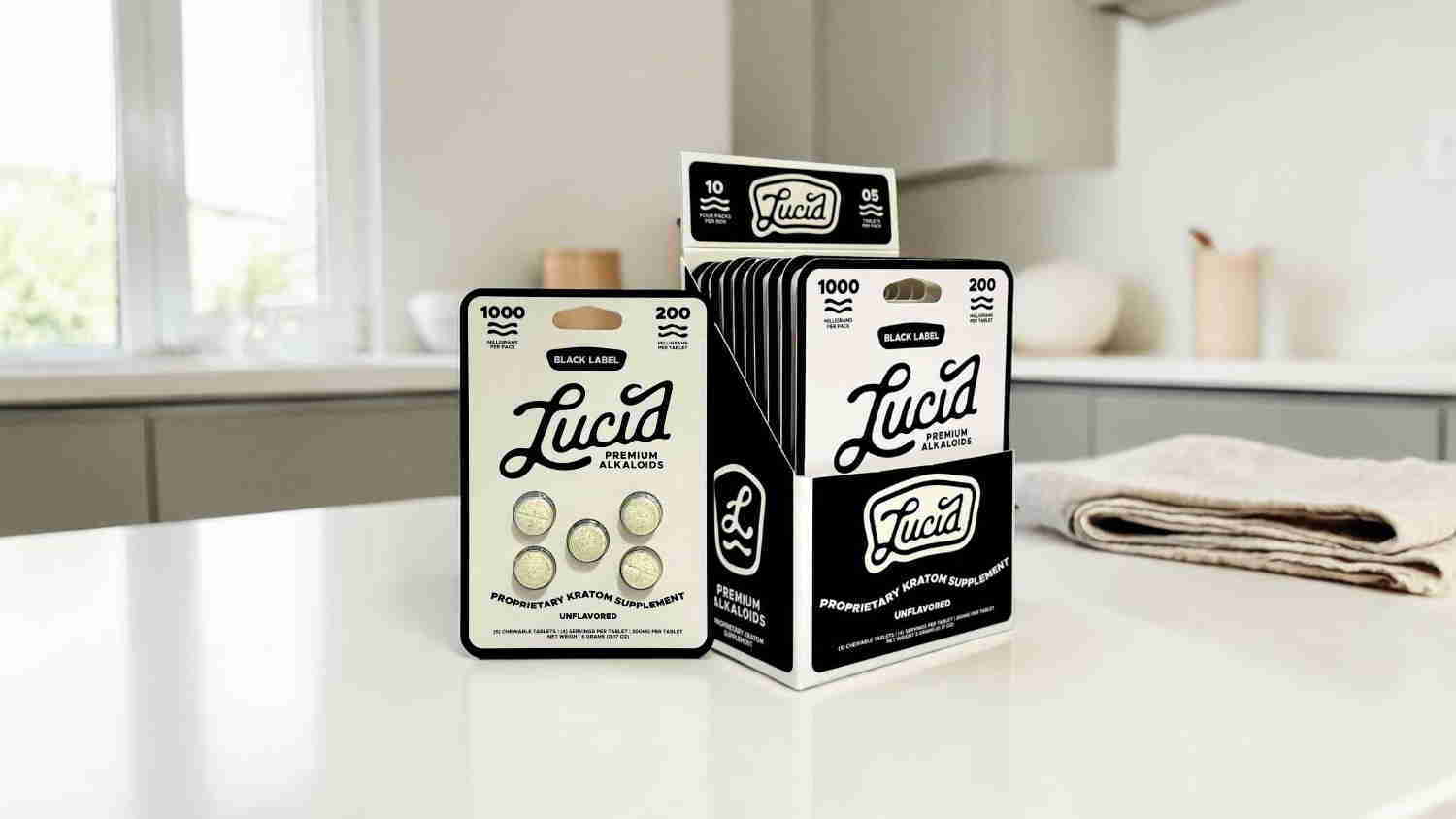 Packaged Lucid brand products displayed on a kitchen countertop.
