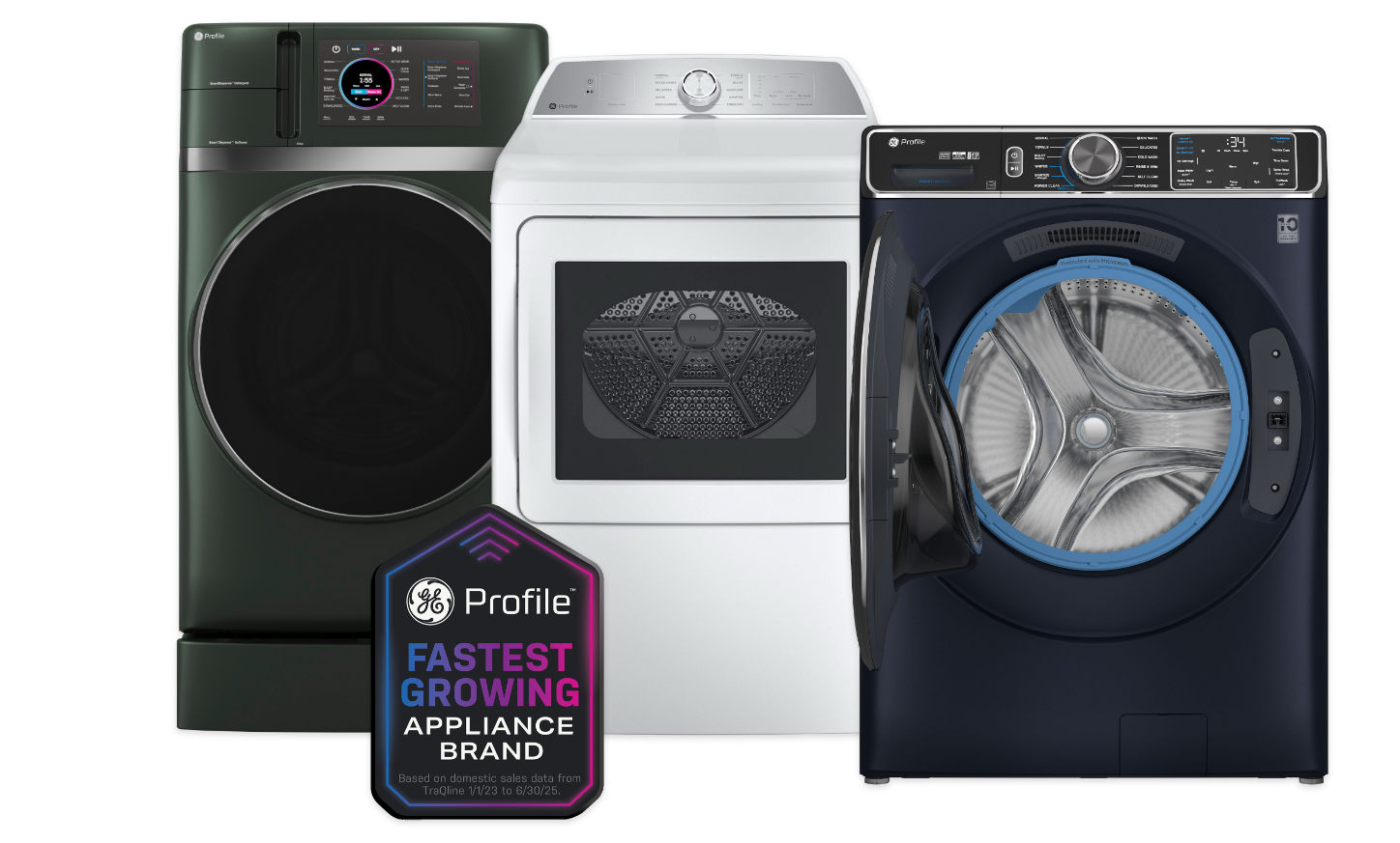Three washing machines in different colors with a branding badge.