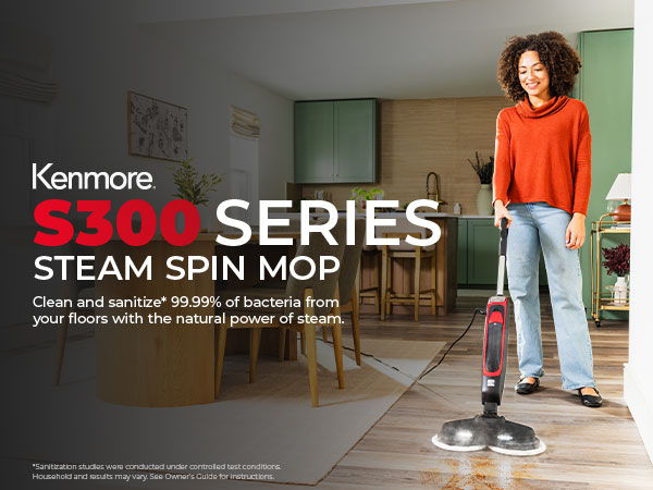 Kenmore S300 Series Steam Spin Mop advertisement with a woman using it indoors.