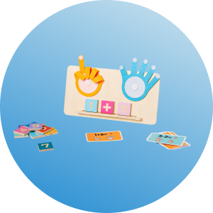 Colorful educational game with numbers and hands on a blue background.