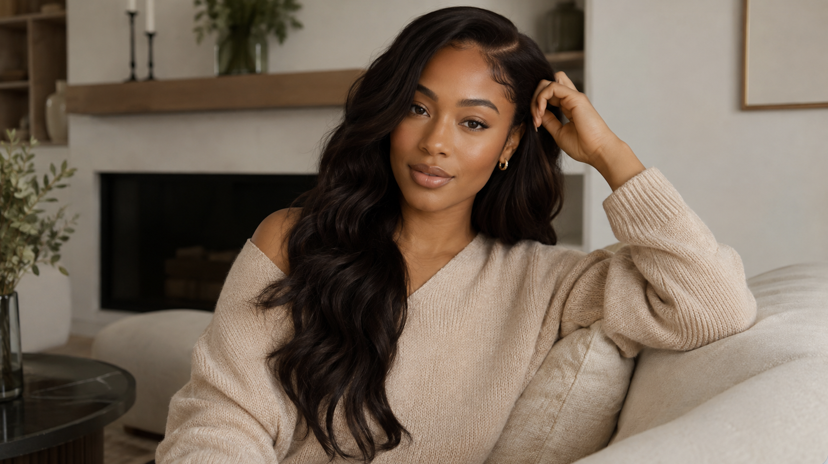 A woman with long hair sits on a couch, smiling confidently.