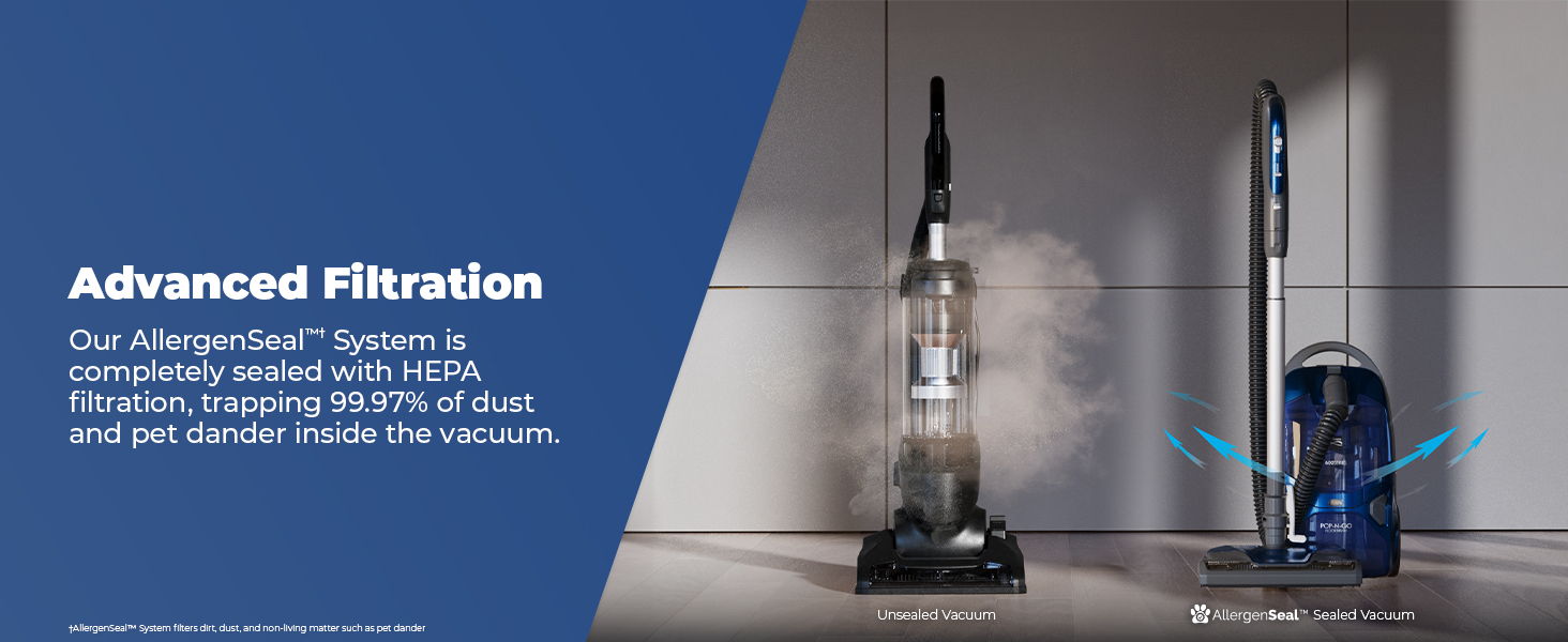 Image of vacuum cleaners with text about advanced filtration system.