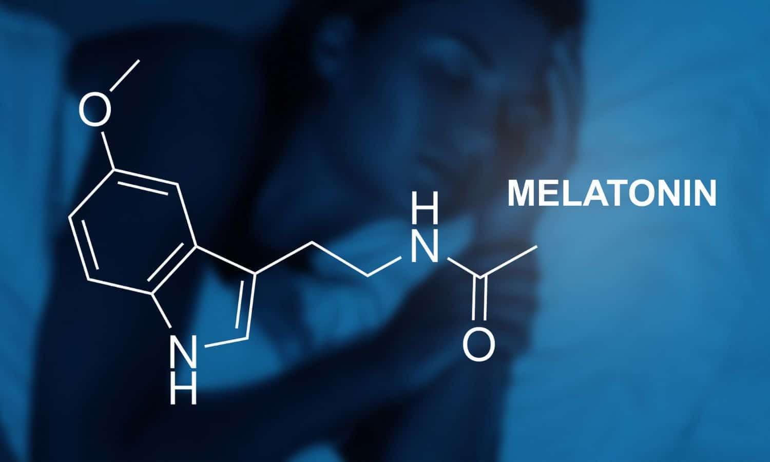 Melatonin chemical structure displayed against a midnight-blue backdrop.