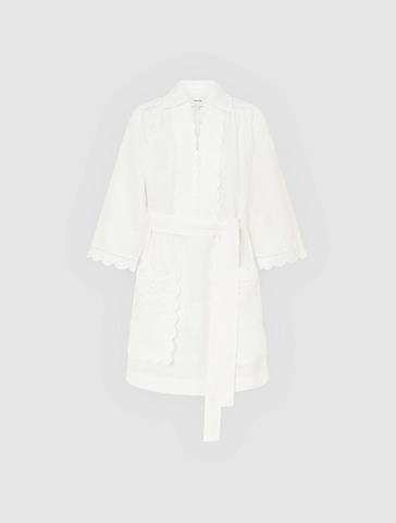 White embroidered dress with short sleeves and tie around belt.