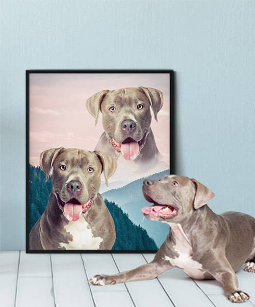 super imposed dog art on framed print with pitbull