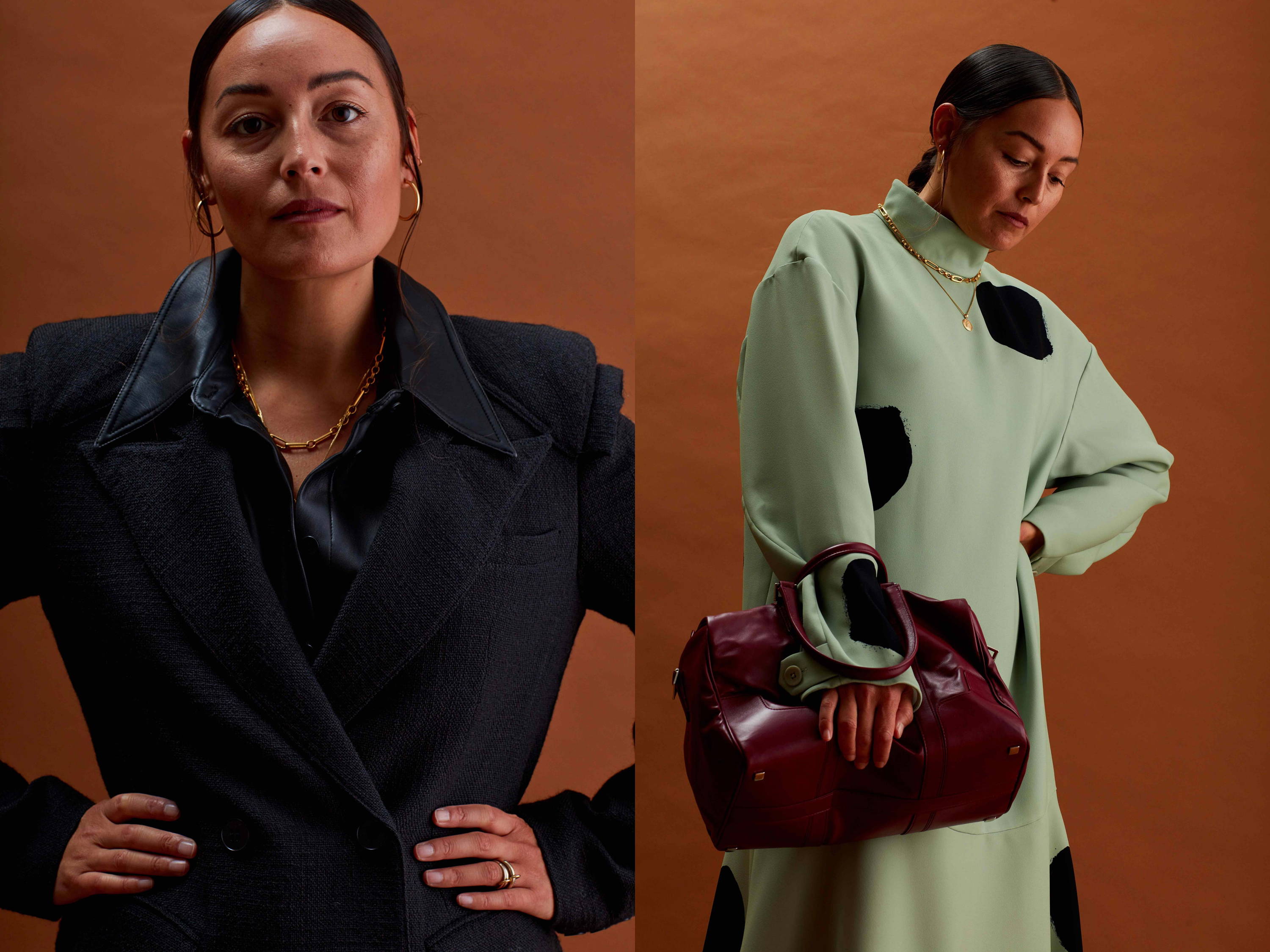 Two images of Stylist and Creative Director Rachael Wang. Wang wears resort 2020 pieces.