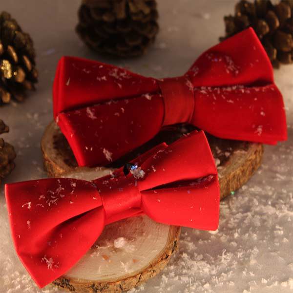 Two solid red men's and boys' bow ties with woodland wood and pinecone props