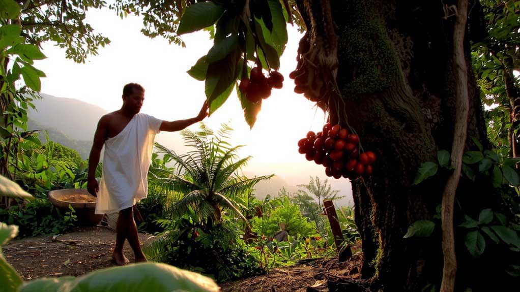 Person in traditional clothing walking near fruit trees at sunset.