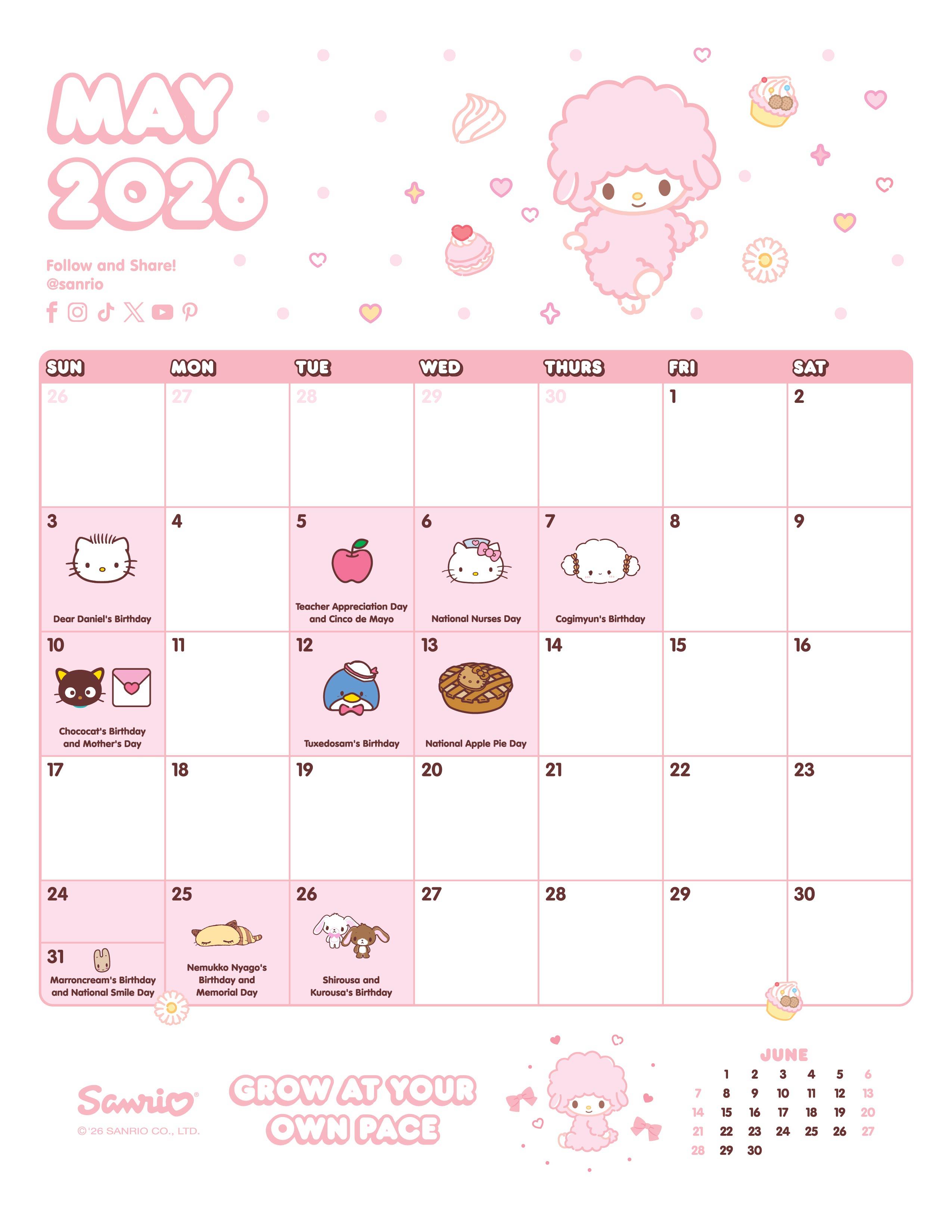 May 2026 calendar with My Sweet Piano on a pink background.