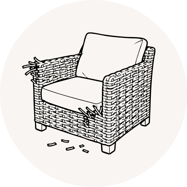 Resin wicker outdoor chair illustration with cracked synthetic weave, representing brittle wicker failure from UV exposure, reflected heat, and desert conditions.