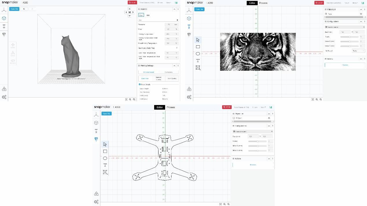 New interfaces and functionalities for 3D printing, laser engraving, and CNC carving in Snapmaker Luban