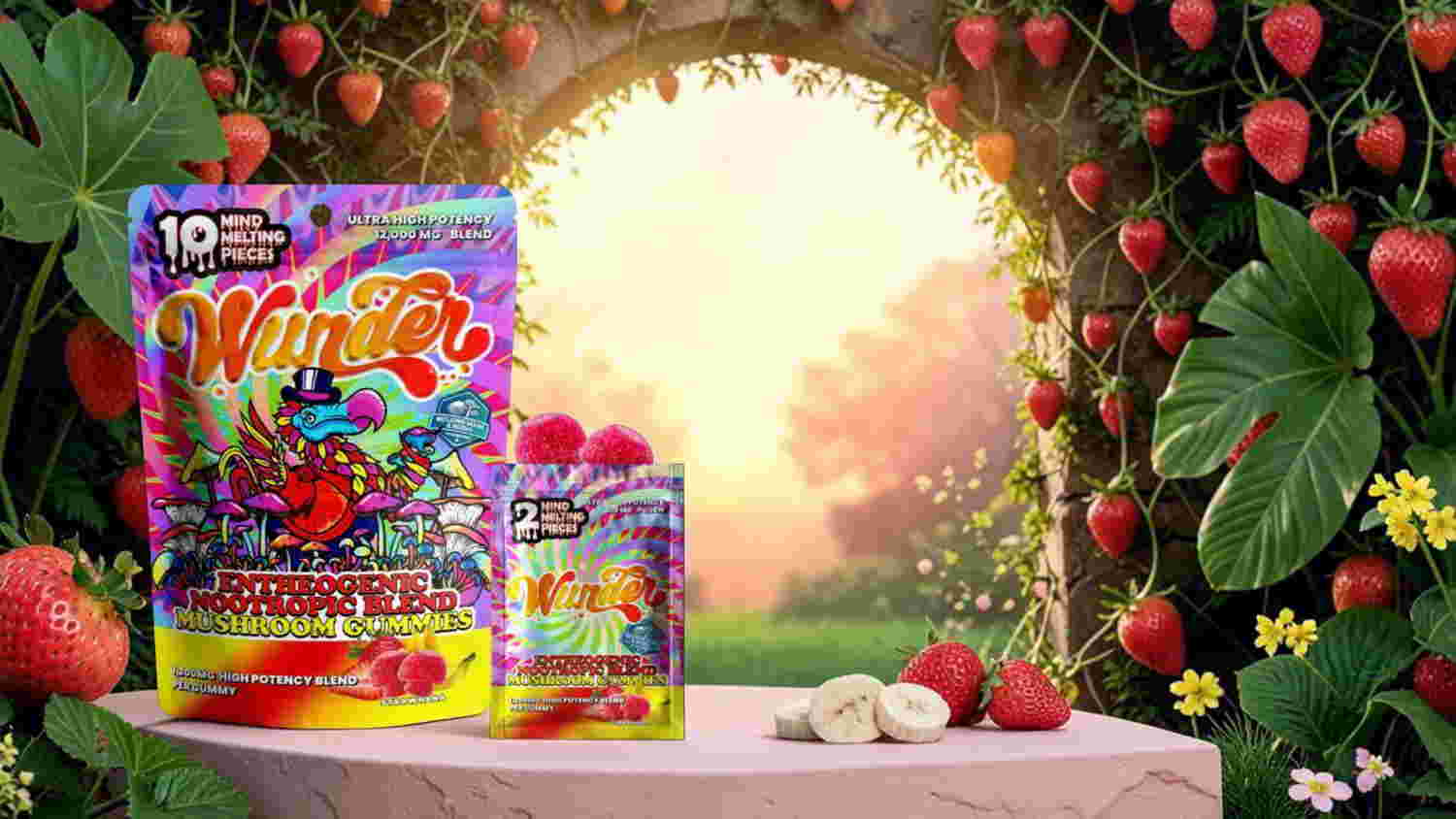 Colorful product packaging surrounded by strawberries and a bright, natural background.