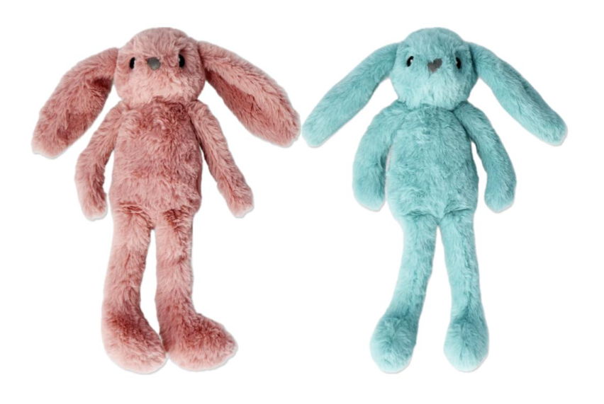 Two plush bunny toys, one pink and one blue, with long ears.