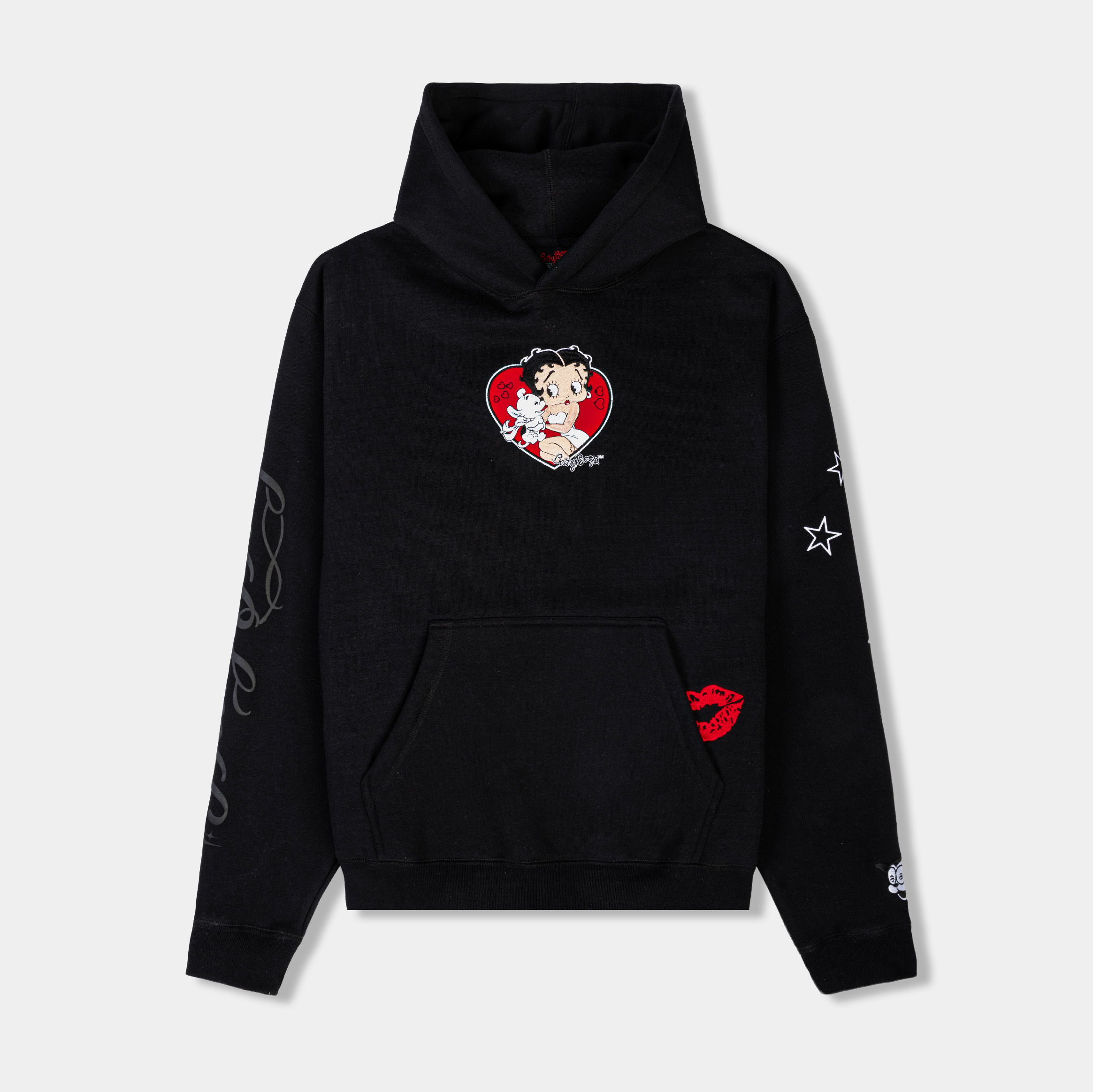 Black hoodie with graphic print on front and sleeves.