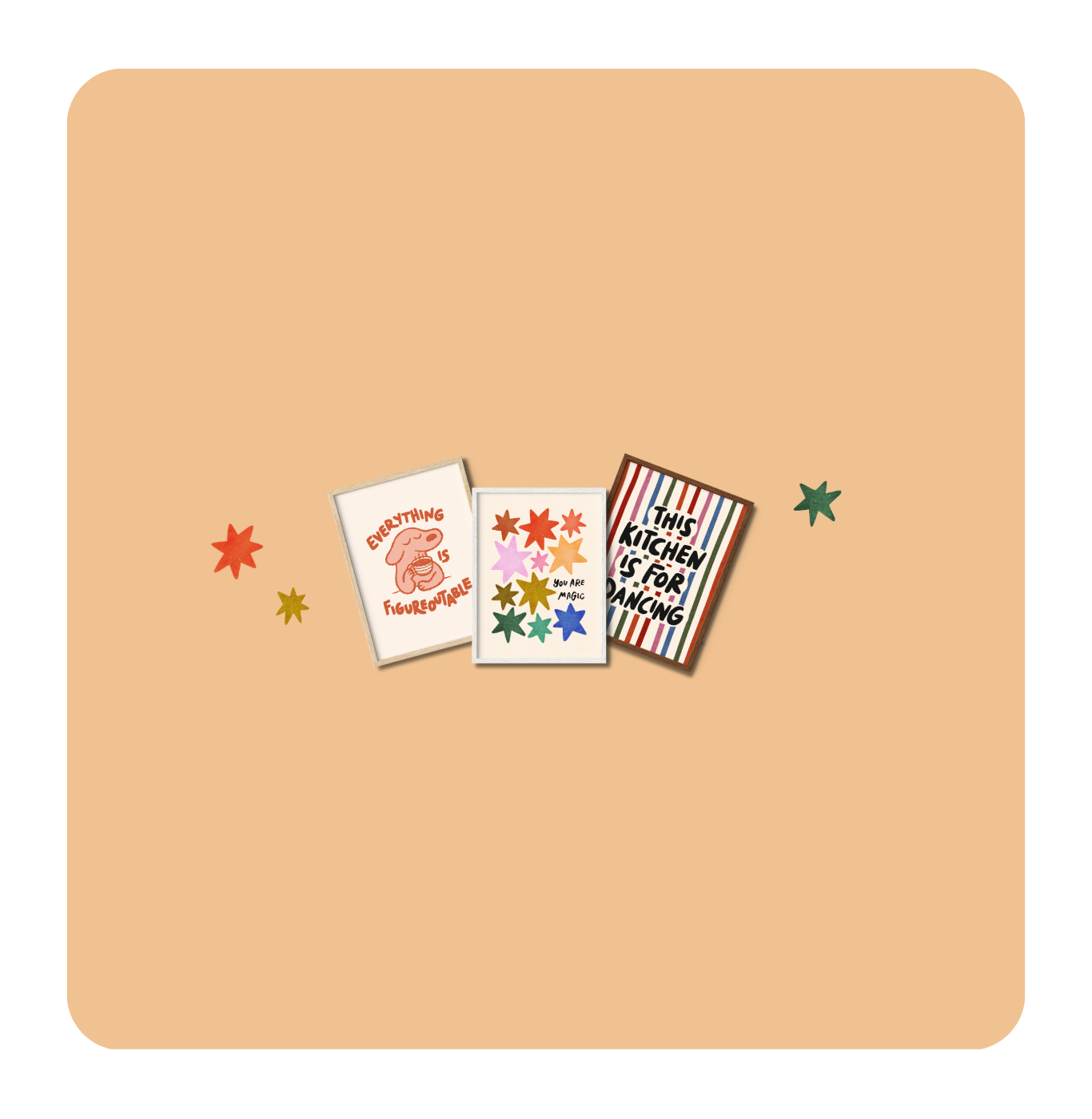 Three illustrated cards on a beige background with colorful stars.