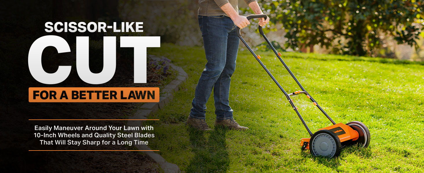 Person mowing a lawn with a scissor-like cutting tool.