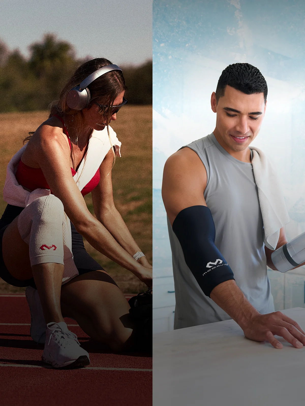 Two athletes using arm sleeves, one outdoors and one indoors.