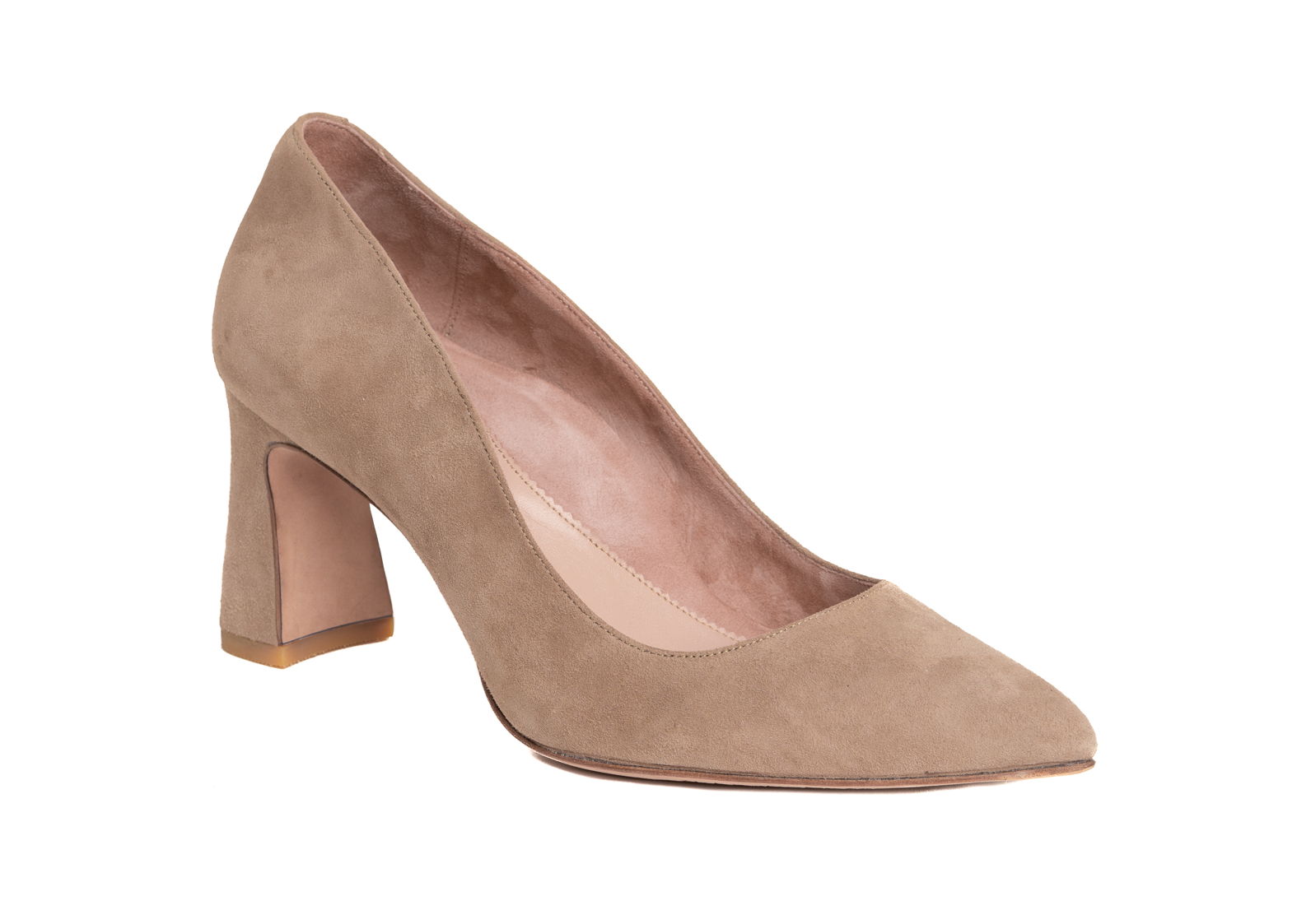 Beige suede high-heeled shoe with a chunky heel and pointed toe.
