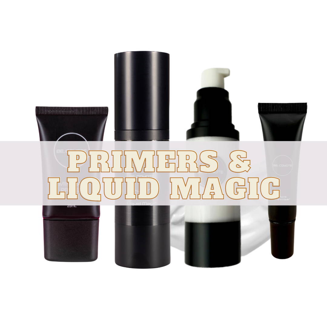 Primers and Liquid Magic. Image is Mineral Primer, Liquid Magic , Natural Primer and Pore Minimiser