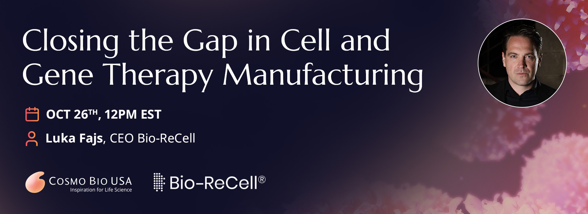 Event announcement for cell and gene therapy manufacturing featuring a speaker.
