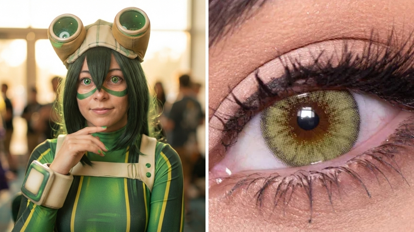 Froppy cosplayer in dynamic crouching pose with green hero suit and goggles at anime convention