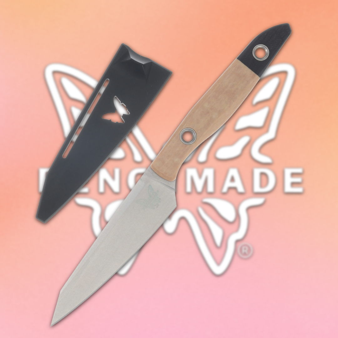 Knife with a wooden handle and a black sheath on a colorful background.