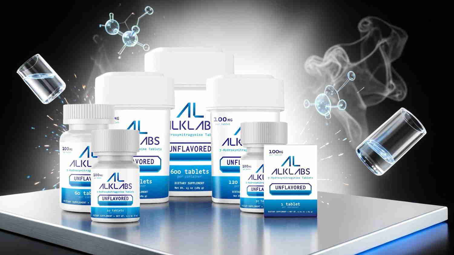 Bottles of dietary supplements with a scientific background and floating elements.