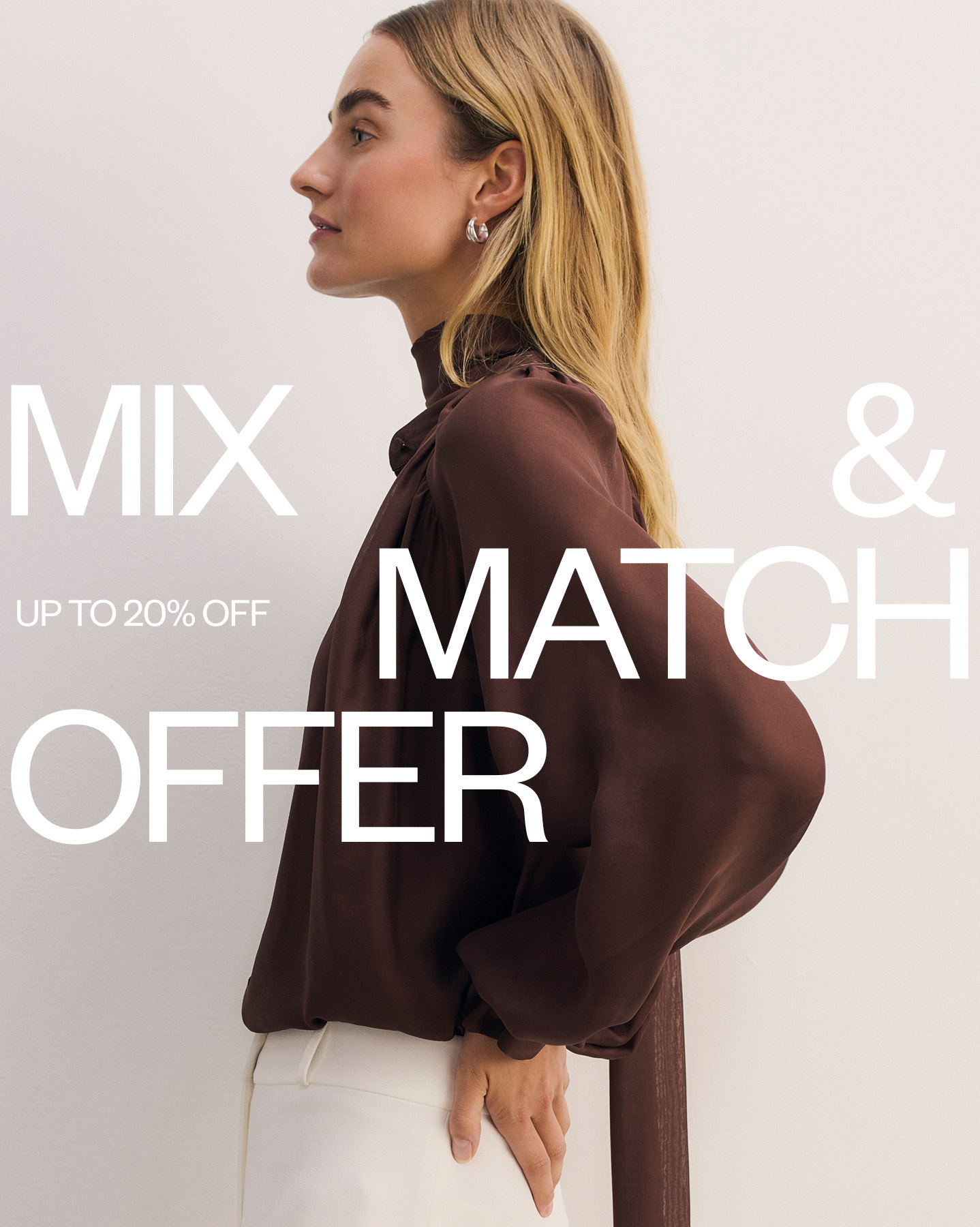 Mix and Match Offer - model wearing chocolate Riola blouse