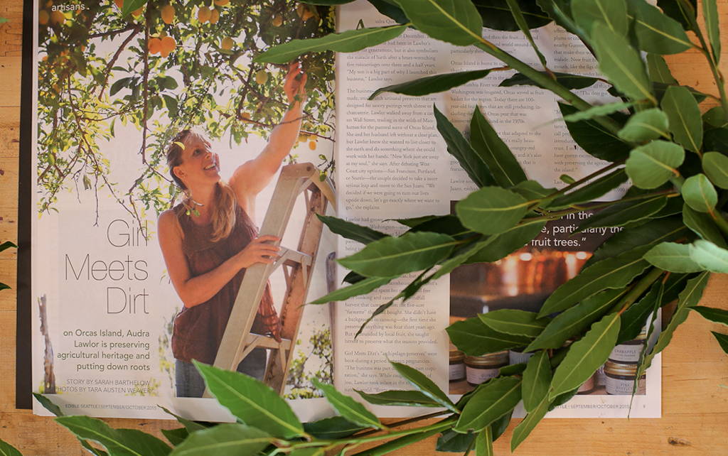 Picture of magazine, Edible Seattle, Magazine is open and there are bay leaf branches laying over the magazine creating a frame.