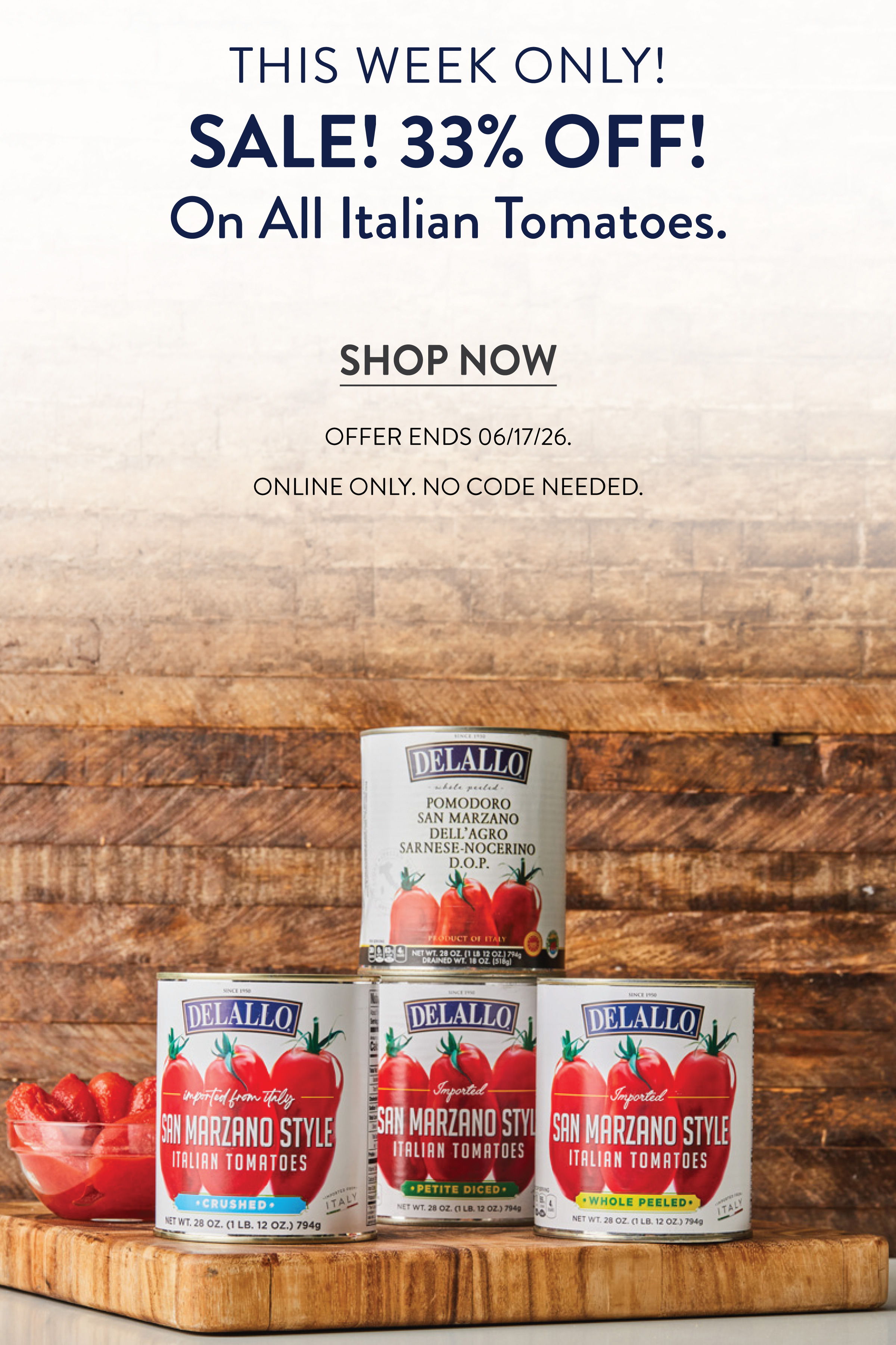 Promotional image for Italian tomatoes with a 33% discount offer.