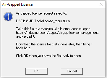 Air-gapped license request saved, instructions for obtaining the license file.