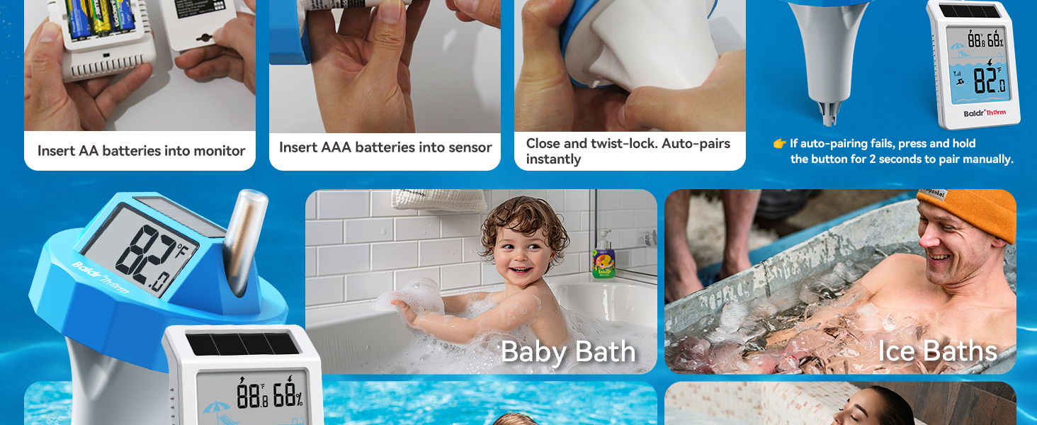 Images of health devices, children bathing, and temperature measurement.
