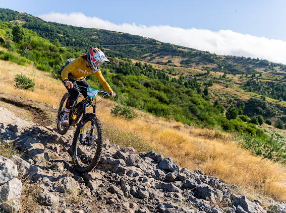 Katy Curd riding rocky trails in Madeira
