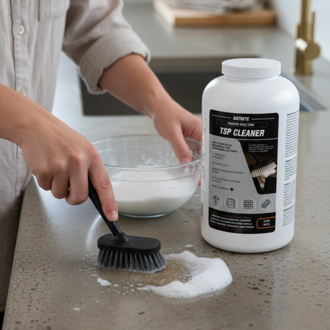 tsp cleaner in use on a stone kitchen counter