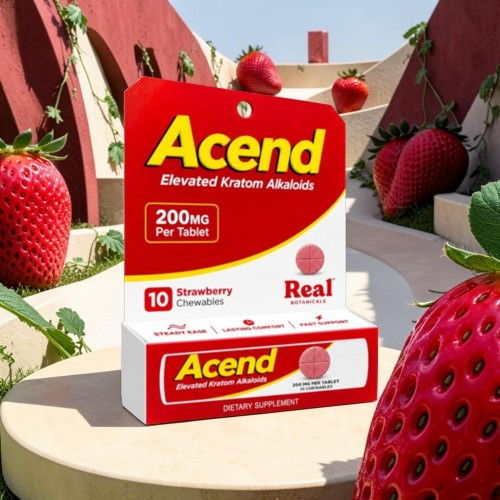 Acend dietary supplement box with strawberries in a vibrant setting.