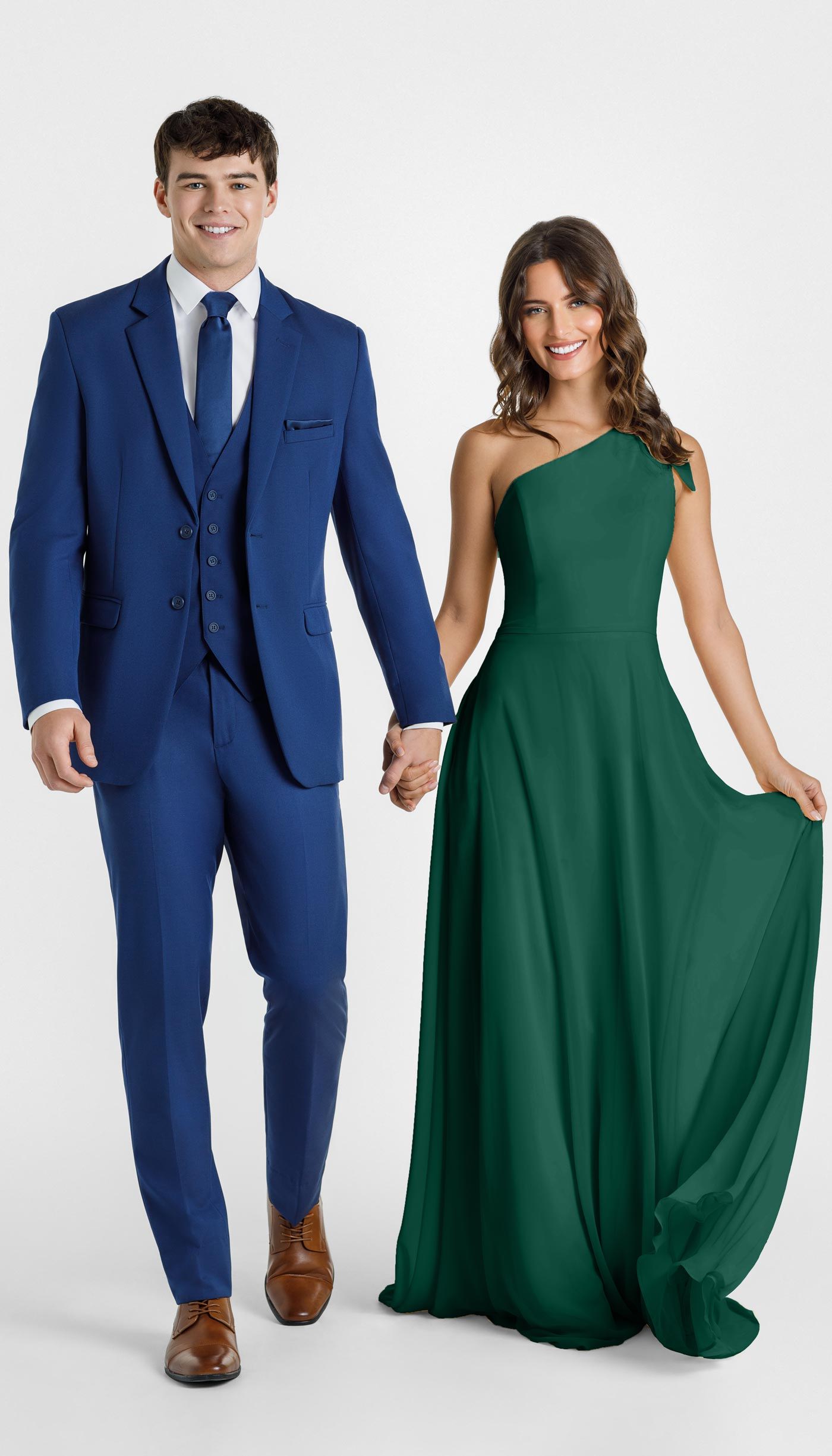 Indigo suit with emerald bridesmaid dress