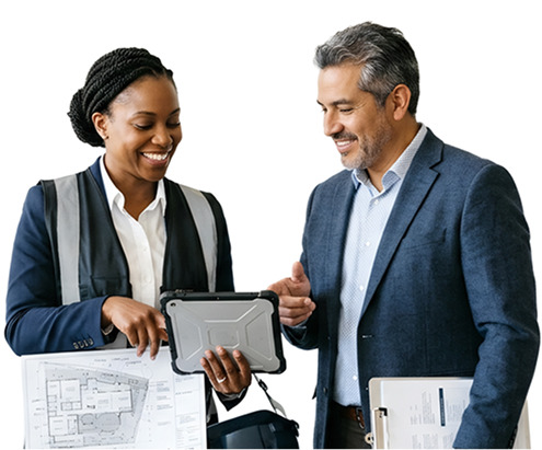Two professionals smiling and discussing over a tablet and documents.