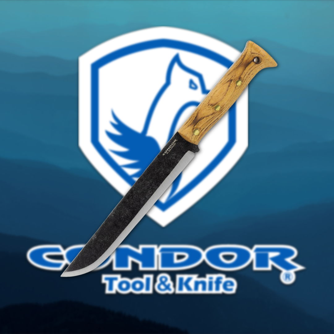 Knife with a wooden handle over the Condor Tool & Knife logo.