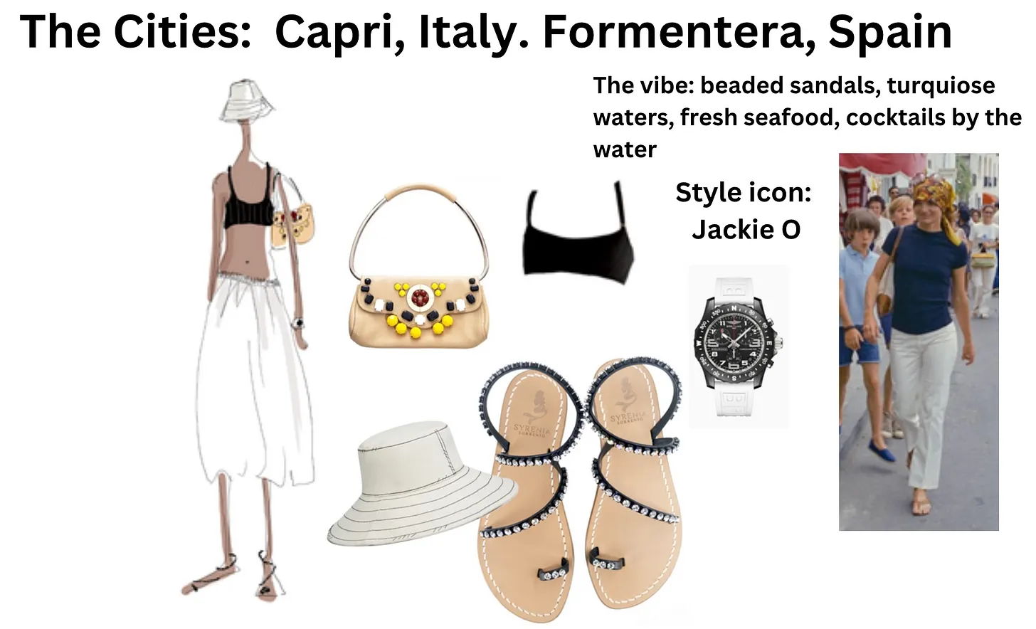 Fashion items inspired by Capri and Formentera, featuring summer styles and accessories.