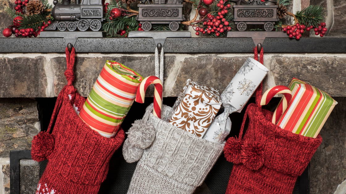 Stocking stuffer gifts inside of Christmas stockings