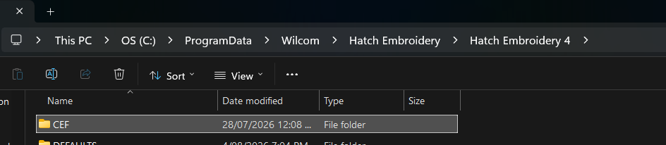 File Explorer showing the Hatch Embroidery 4 CEF folder location