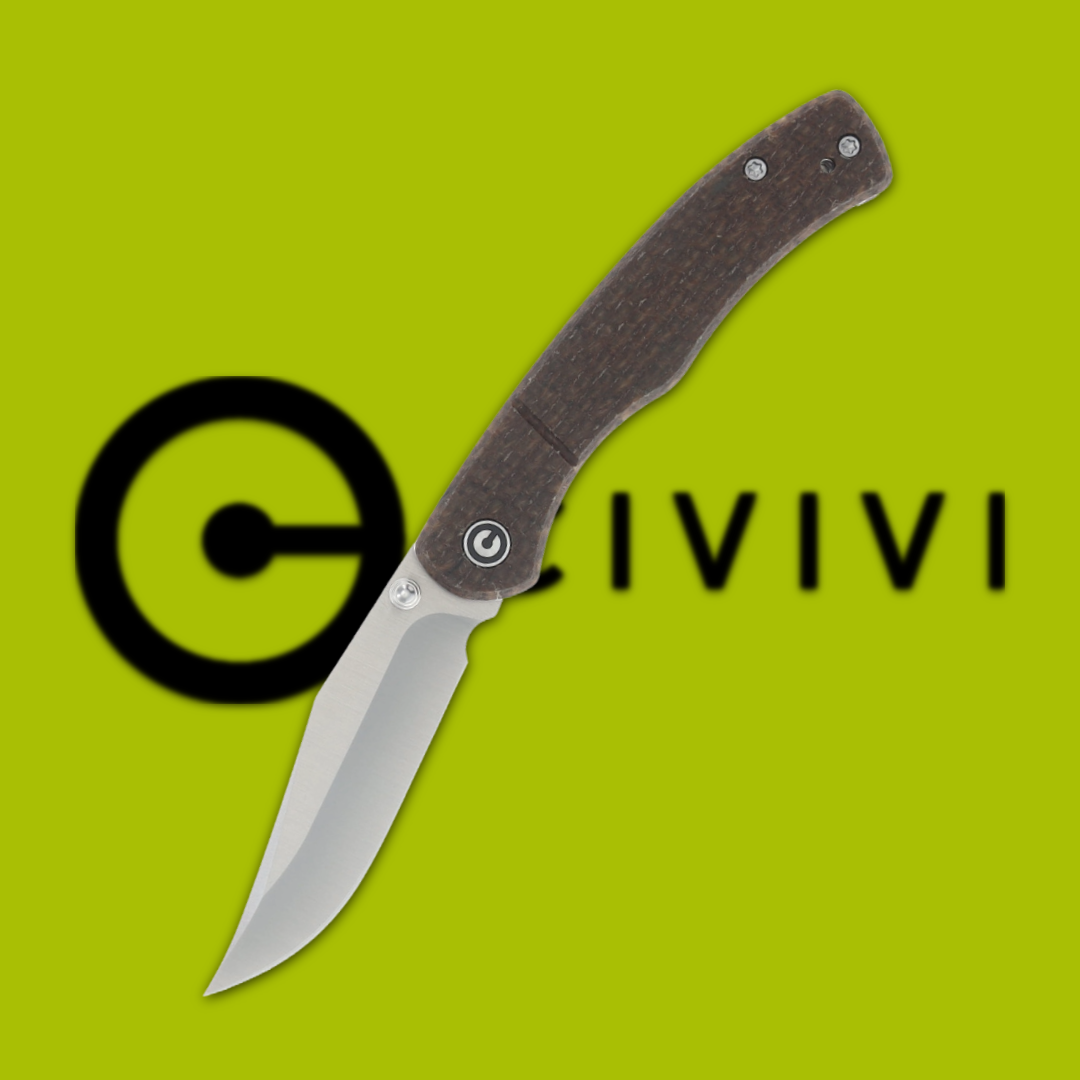 Folding knife with a gray handle on a green background.