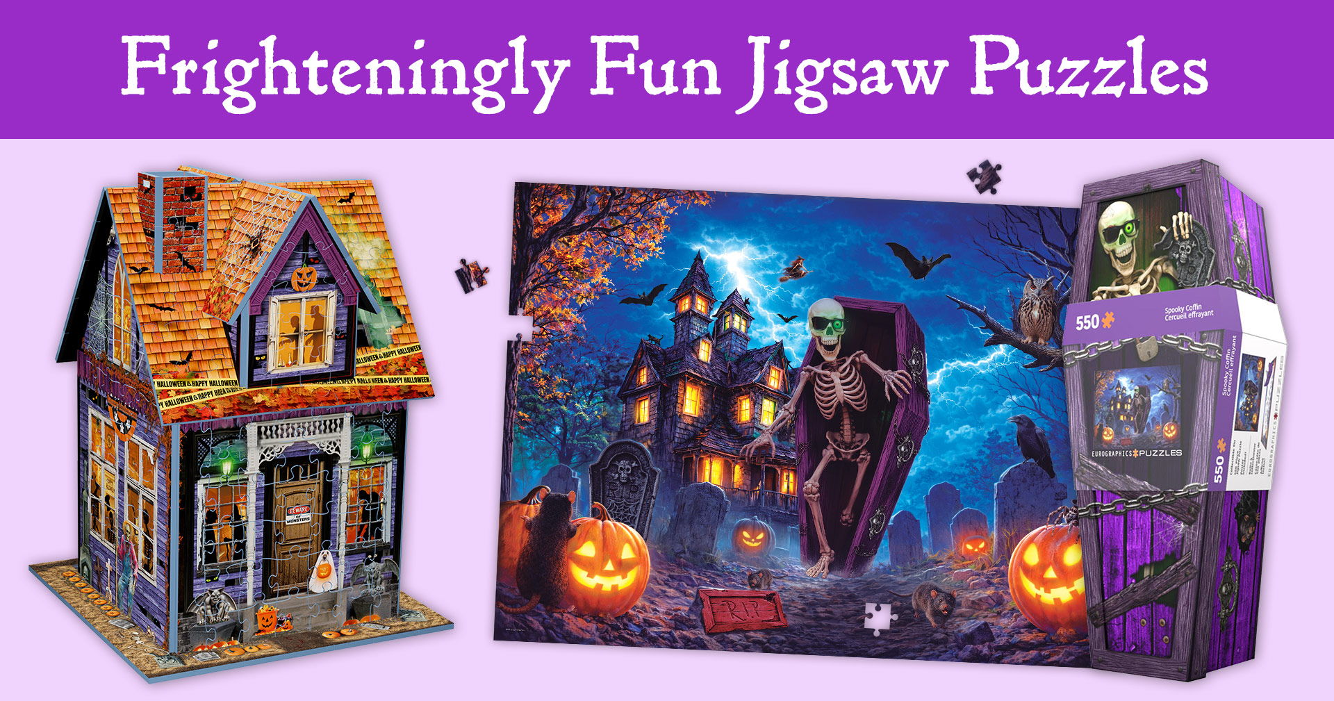 Frighteningly fun jigsaw puzzles featuring a haunted house and Halloween scene.