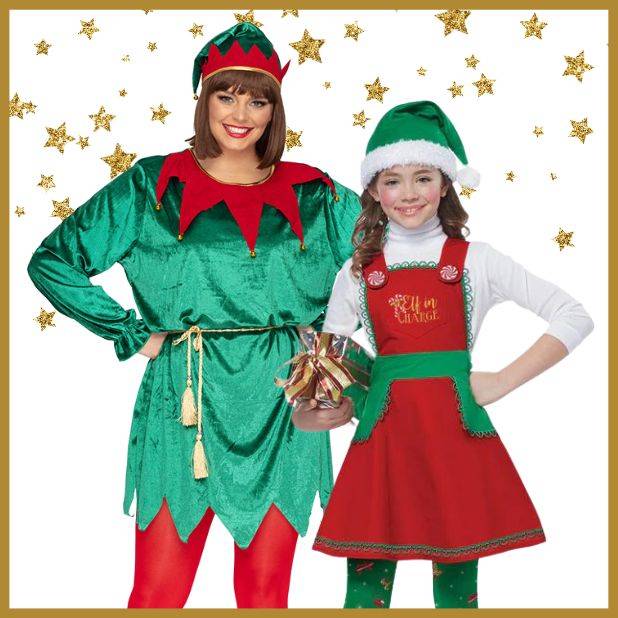 Woman and Girl Dressed as Christmas Elves