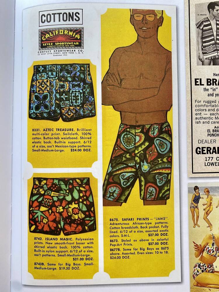 Cottons California Sportswear advertisement featuring bright surf patterned board shorts and prints.