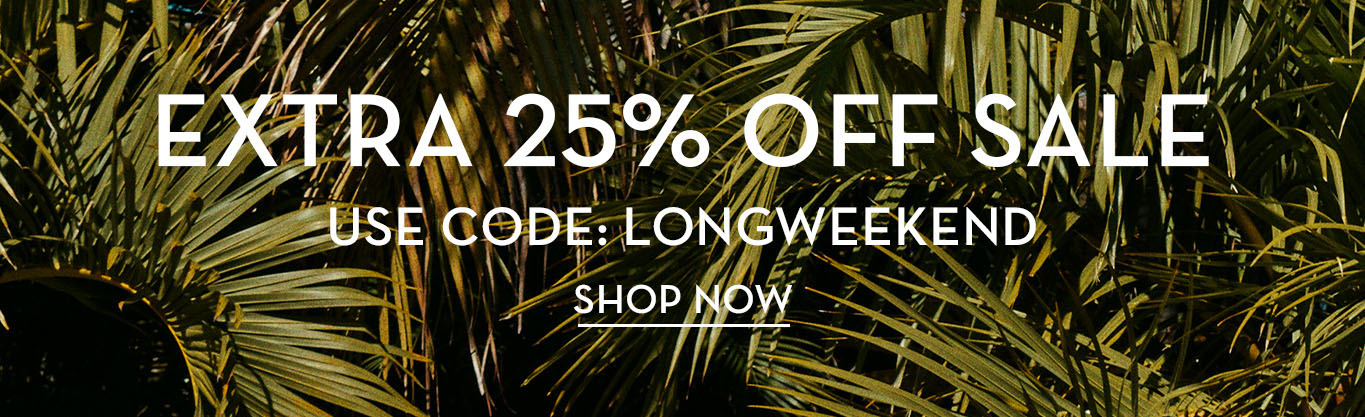 Text promoting a 25% off sale with a tropical background.